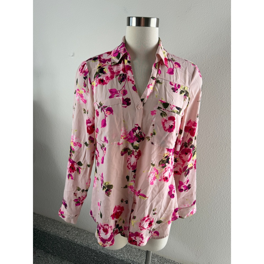 Express Portofino Shirt Womens Medium Pink Floral Button Up Blouse Long Sleeve
